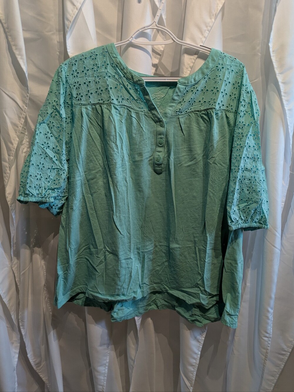 D1 s Bay Mint Green Cotton Peasant Blouse Boho Eyelet Sleeve Sz 3X